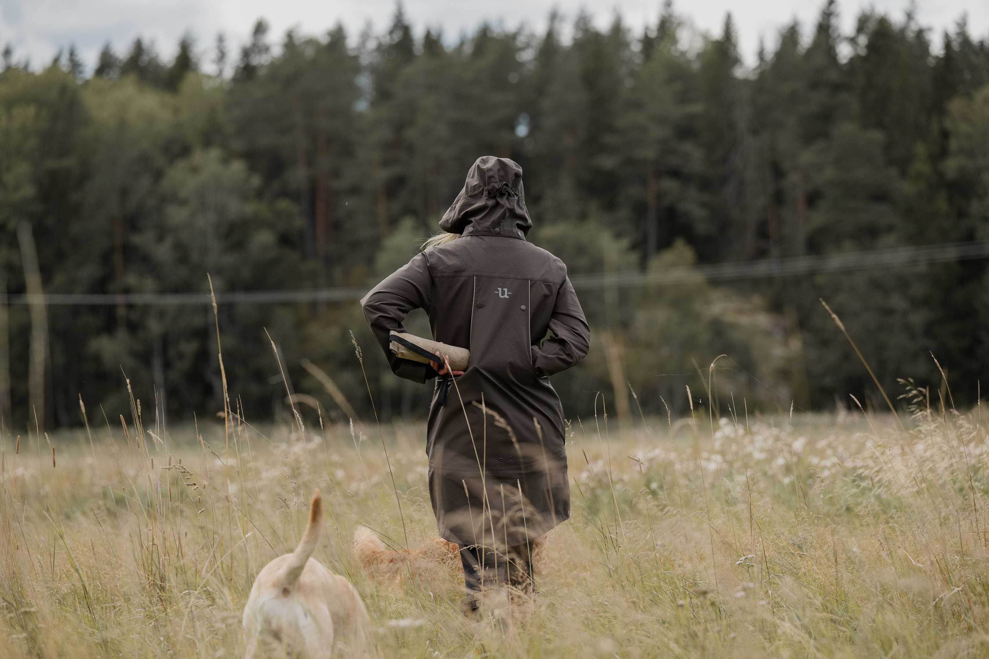 Brown Dog Trainer Jacket with back pocket, waterproof.
