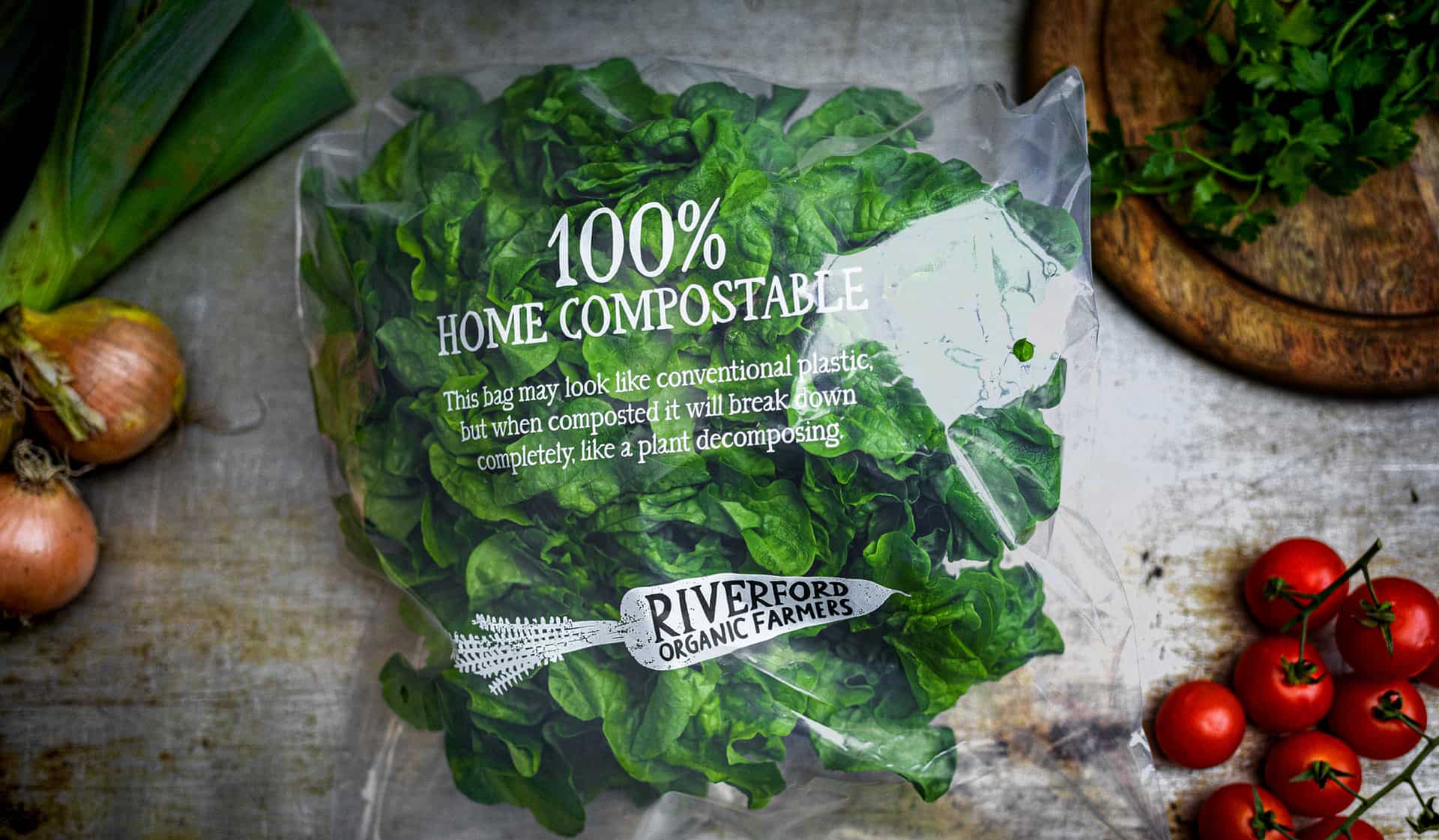 Riverford organic farmers compostable packaging with lettuce packed inside