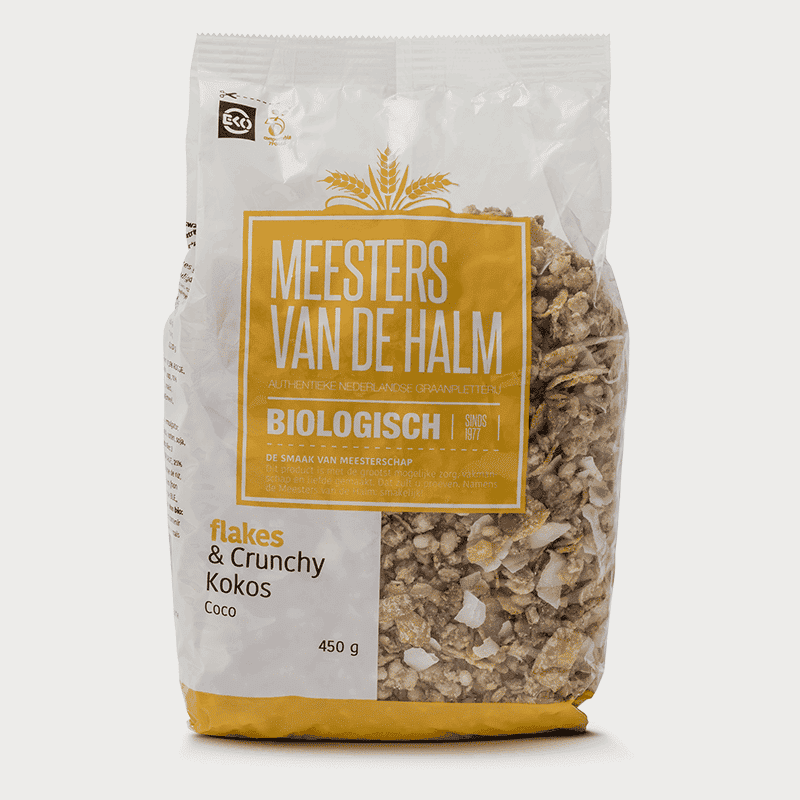 Sealable pouch with side-gussets filled with crunchy nut flakes