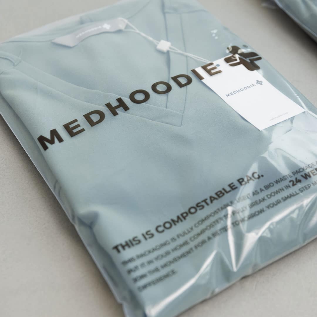 Medhoodie in compostable packaging