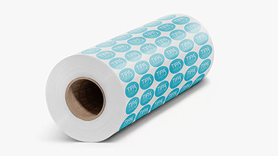 Compostable packaging roll with blue circular TIPA labels