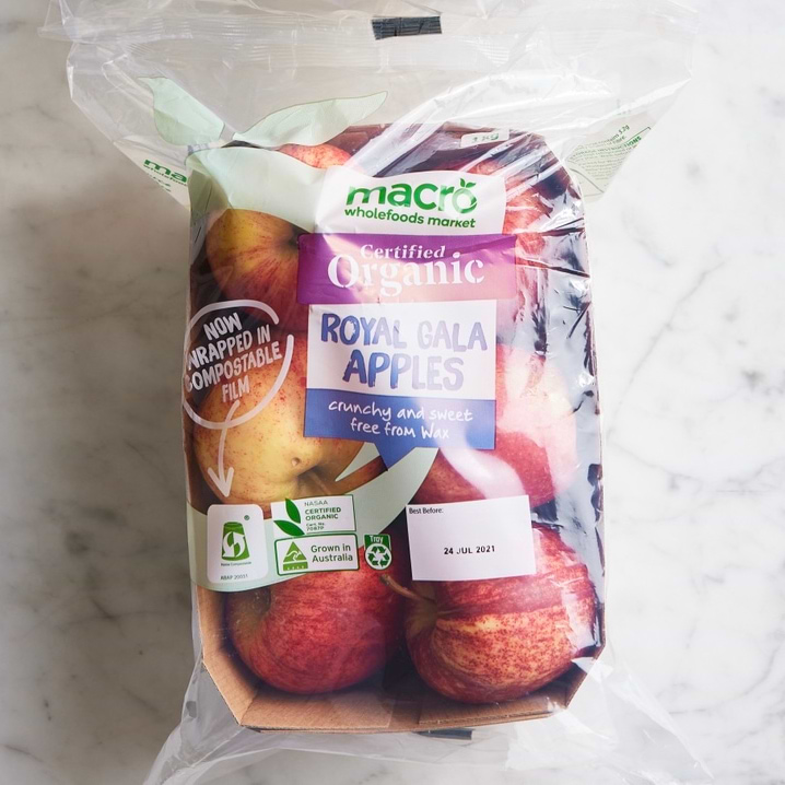Royal Gala apples wrapped in compostable packaging