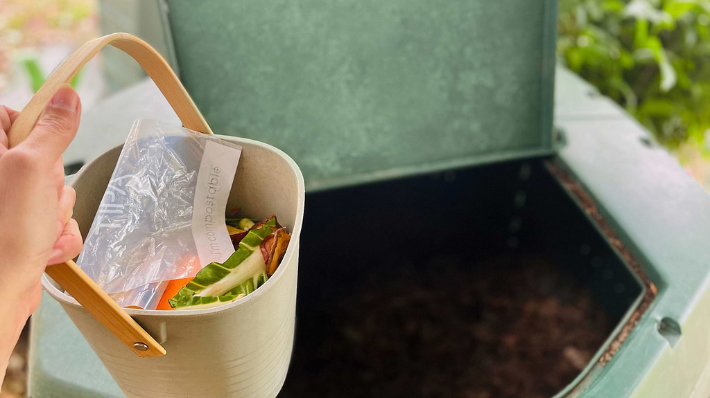 compost bin with a compostable bag inside