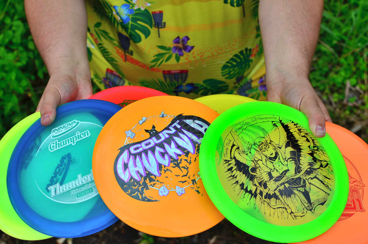 Lots of disc golf stamps on display. Today hot stamps can range from fairly basic stock stamps to ornate illustrations.