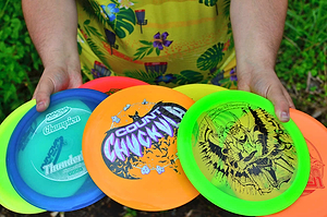 Lots of disc golf stamps on display. Today hot stamps can range from fairly basic stock stamps to ornate illustrations.