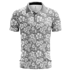 Luau Mens Hawaiian Polo. Grey/White Pattern. Front view.