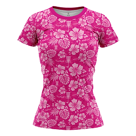 Luau Womens Hawaiian Jersey. Pink/White pattern. Front view.