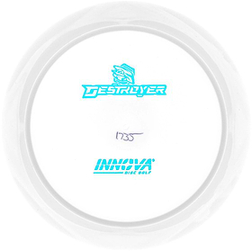 White Bottom Stamped Innova Star Destroyer - Disc Dyeing. White disc with blue colored bottom stamp.