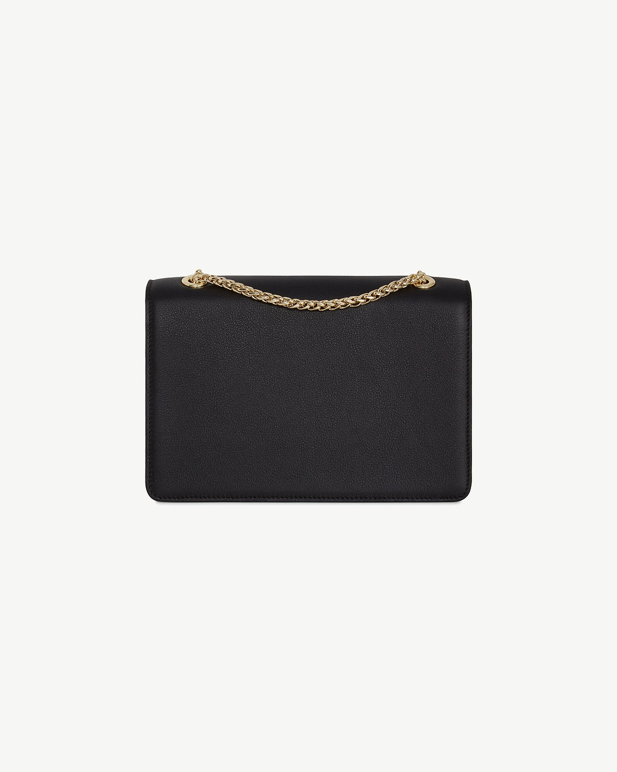 Black East/West rectangular bag with gold chain strap and pebbled texture.
