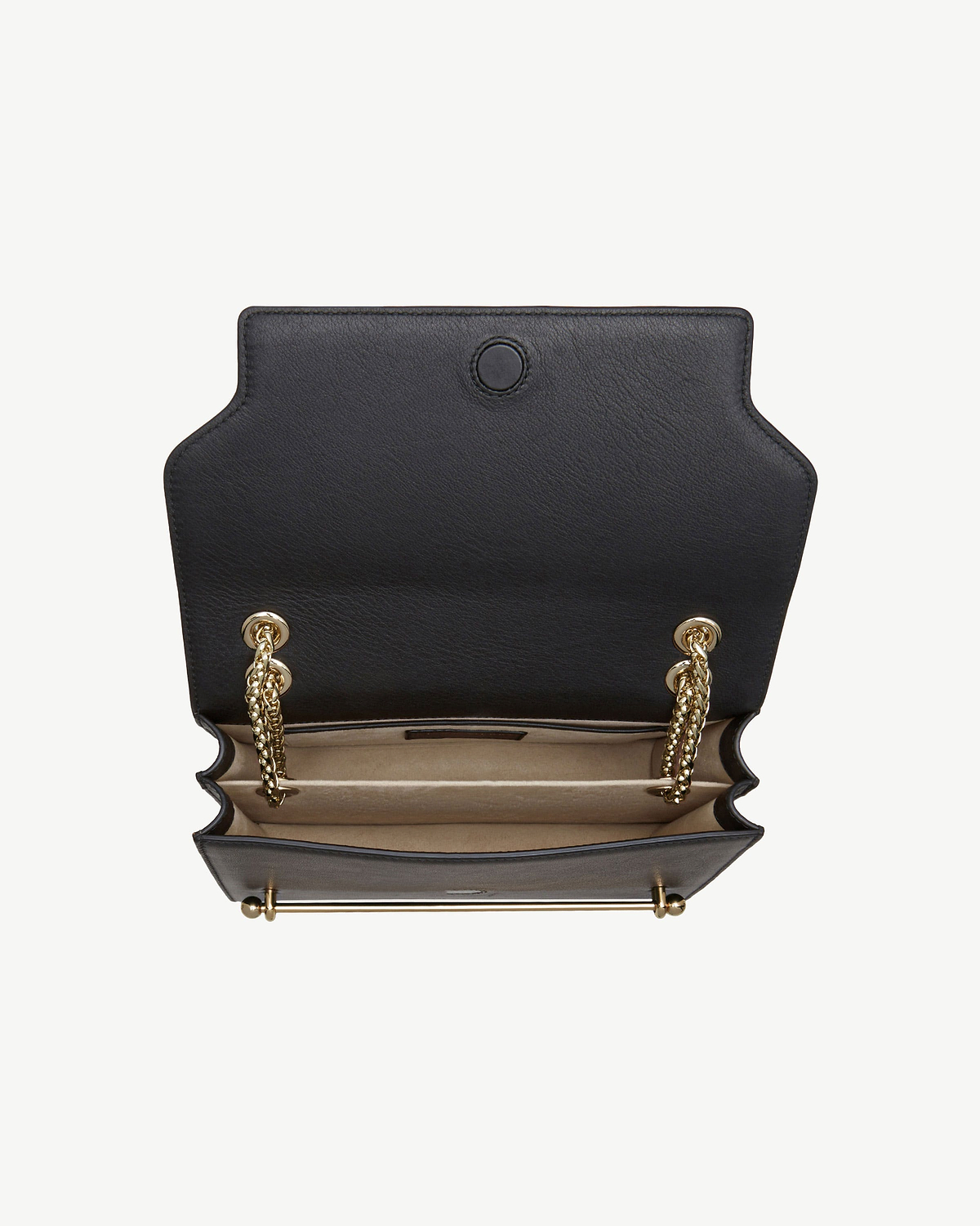 Black east-west leather shoulder bag open showing beige interior and gold chain strap