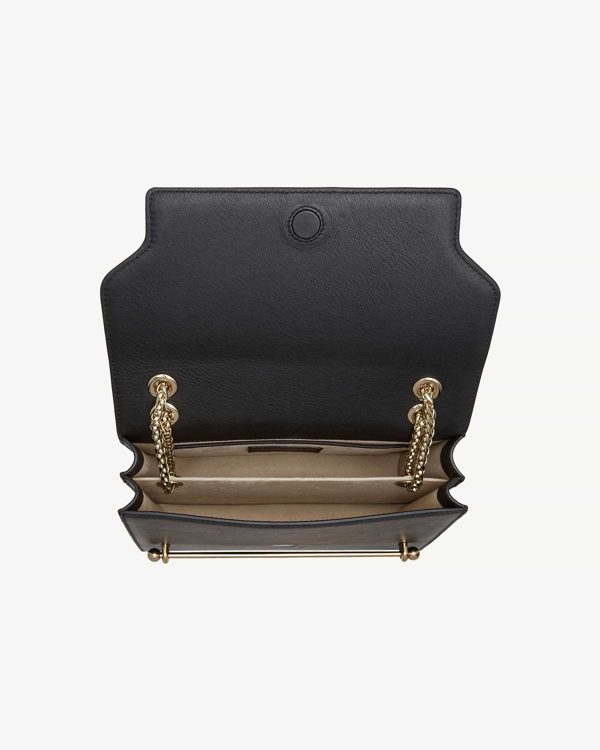 Black east-west leather shoulder bag open showing beige interior and gold chain strap