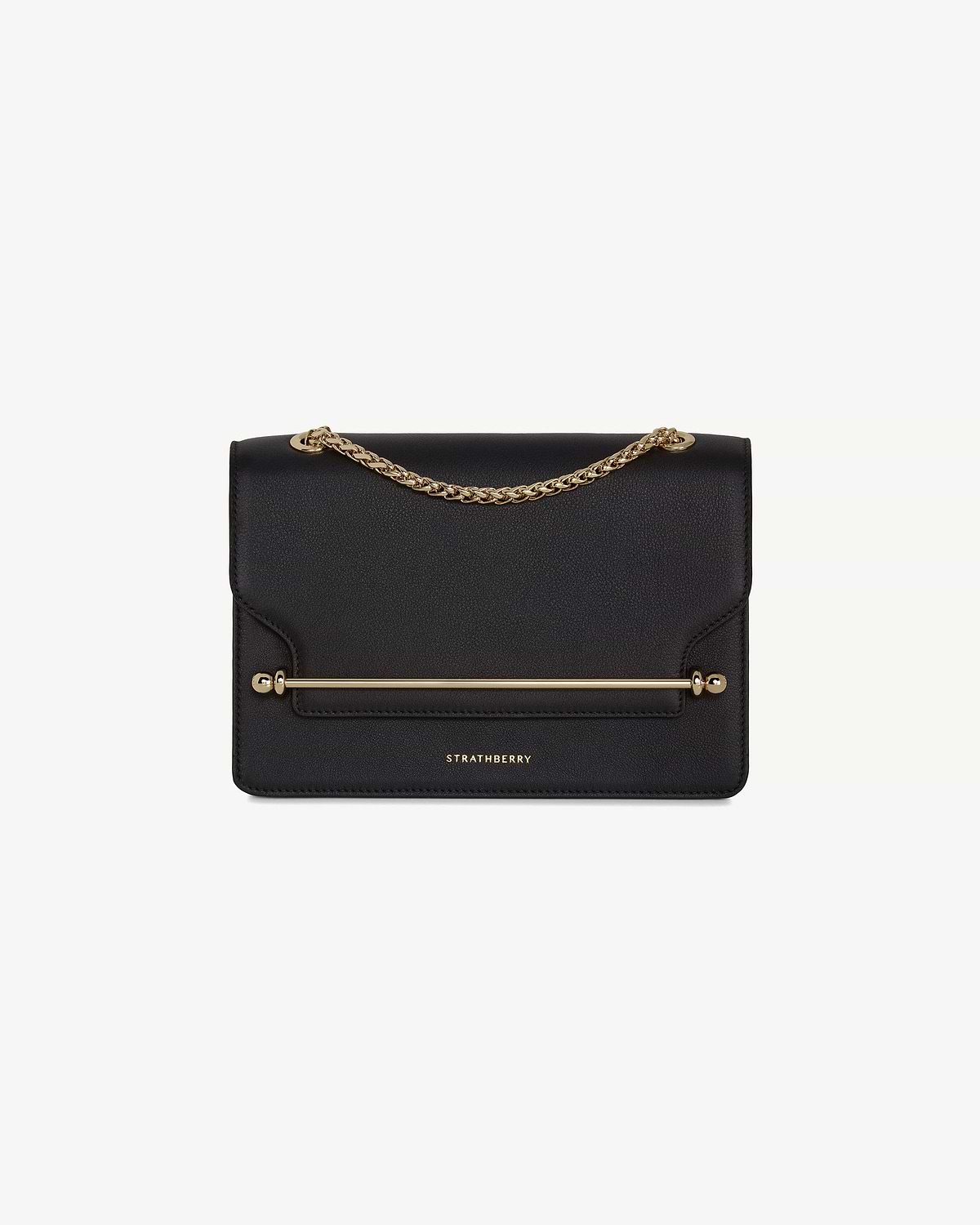 Black Strathberry east-west bag with gold chain strap and bar detail.