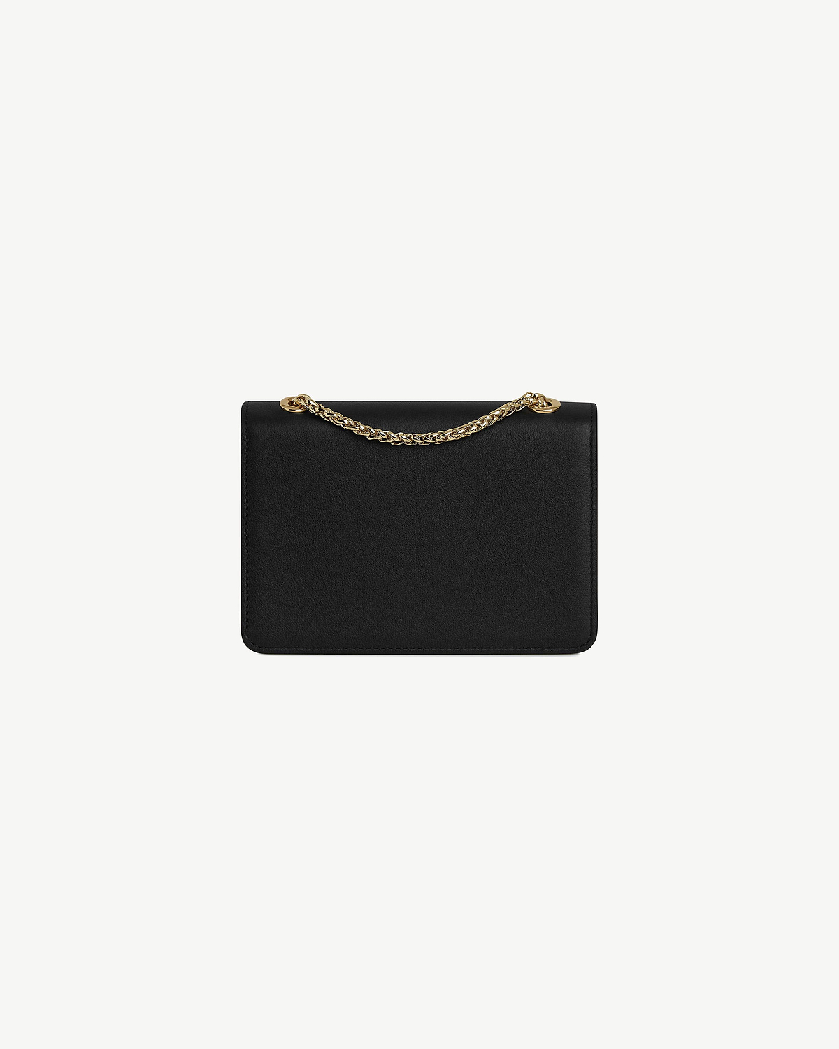 Black East/West Mini bag with short gold chain top handle, smooth leather back.