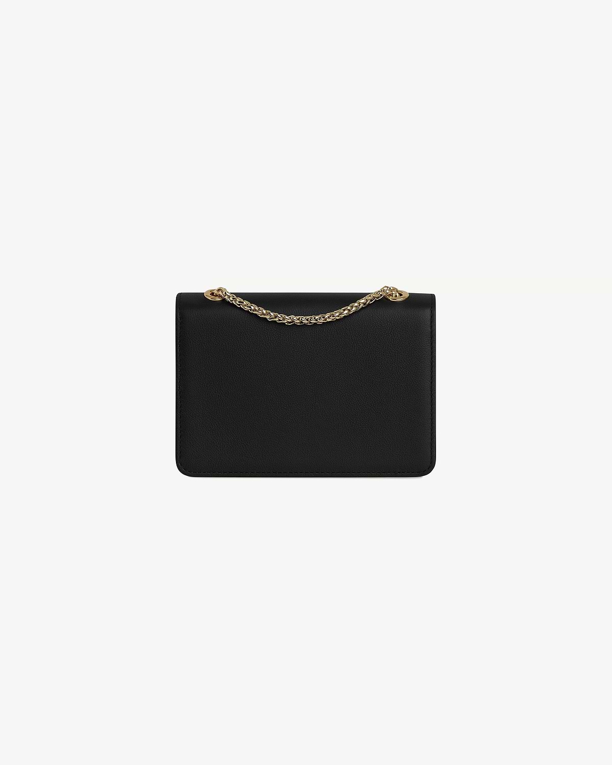Black East/West Mini bag with short gold chain top handle, smooth leather back.