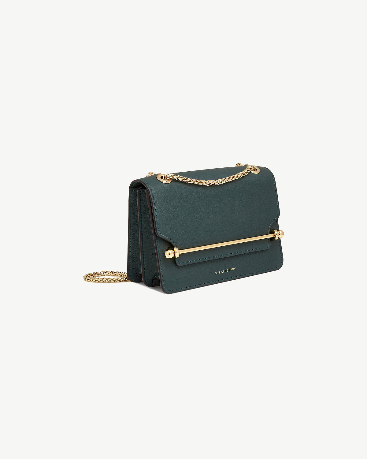 Bottle green East/West Mini leather bag with gold chain strap and bar detail, Strathberry