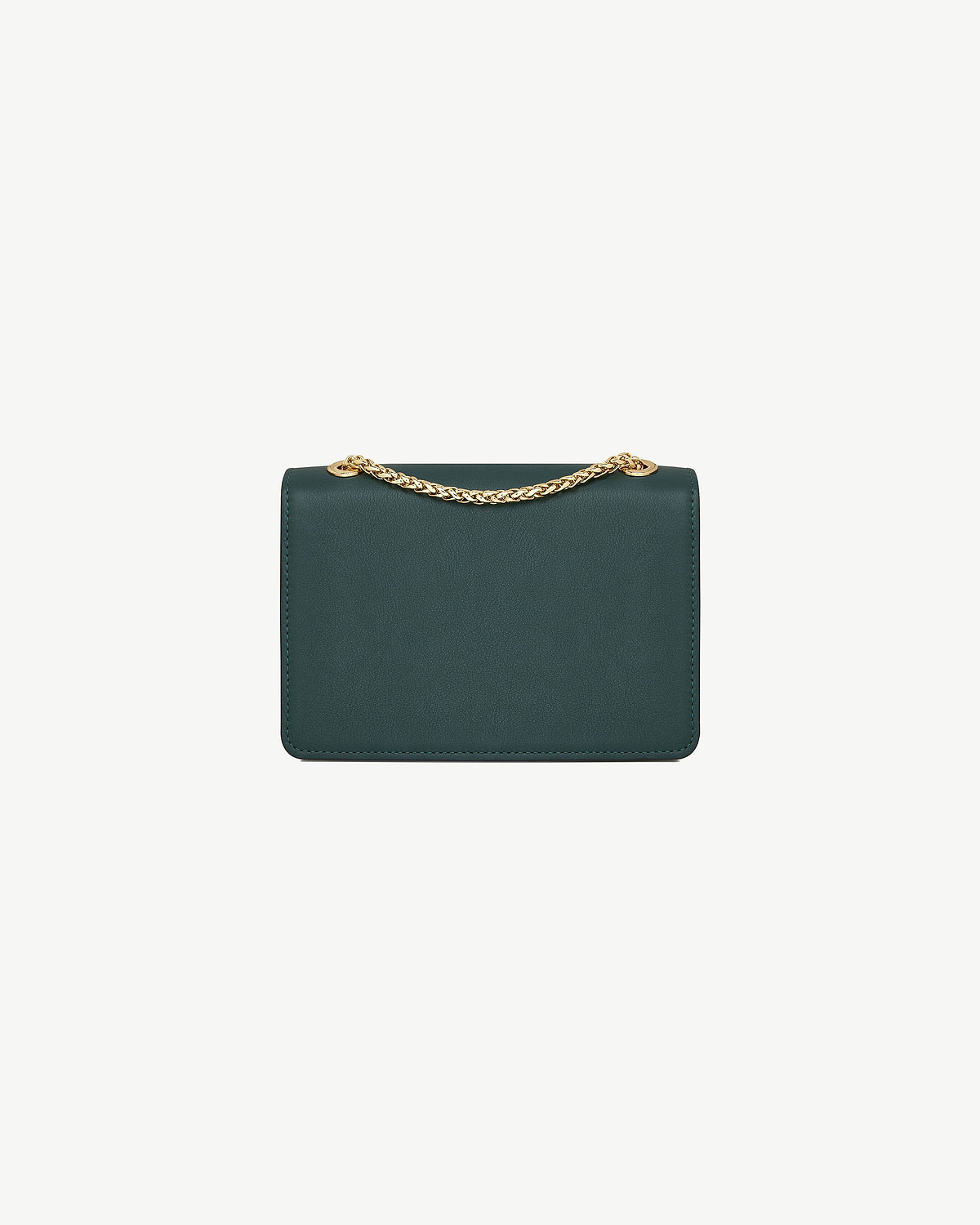 Bottle green east/west mini bag with gold chain top handle and smooth leather.
