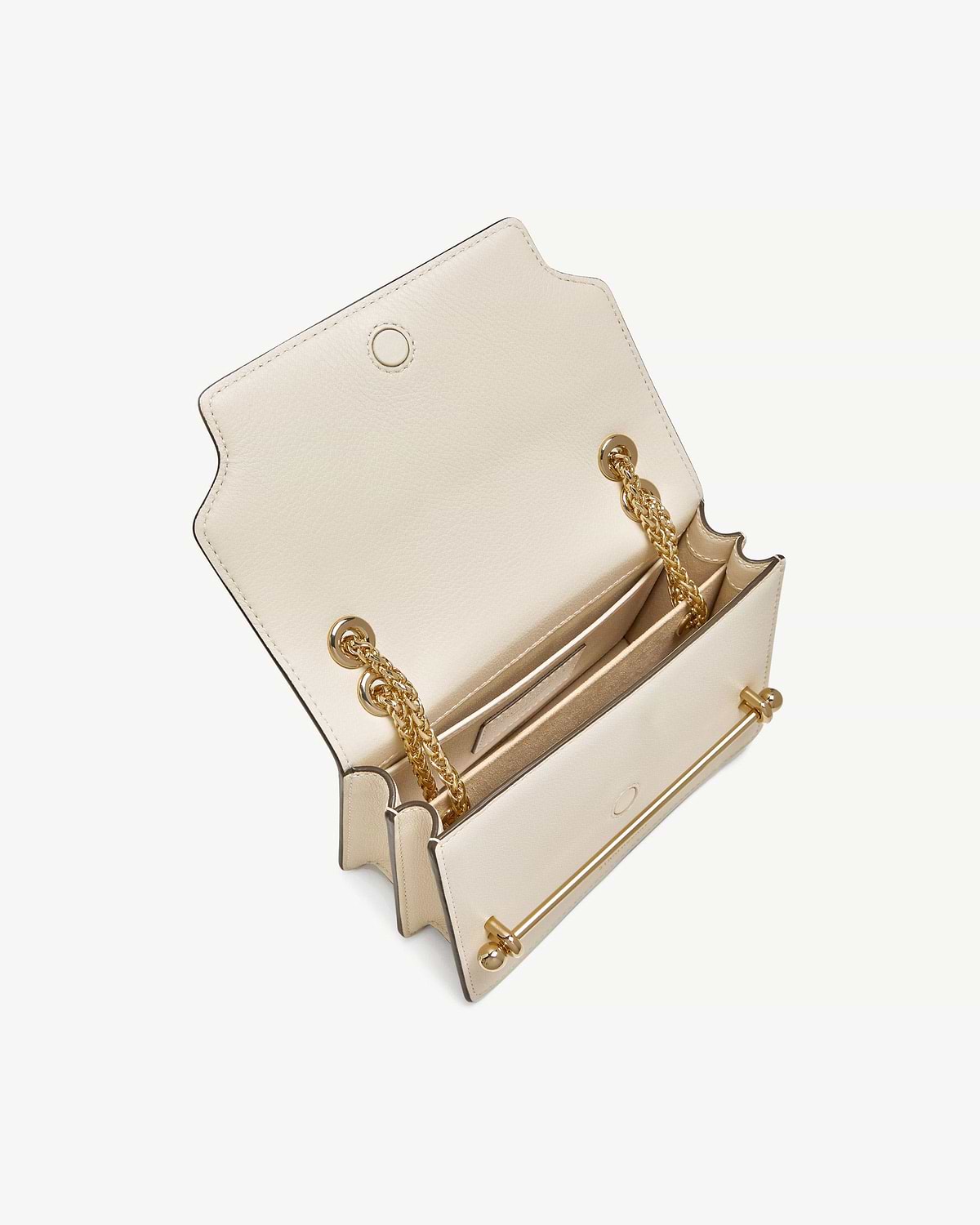 Vanilla leather East/West mini bag open with gold chain strap and bar.