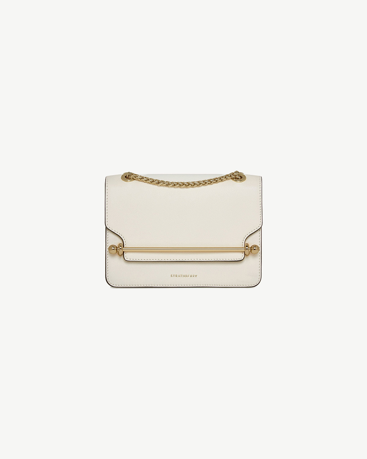 Vanilla Strathberry East/West mini bag with gold bar and chain strap.