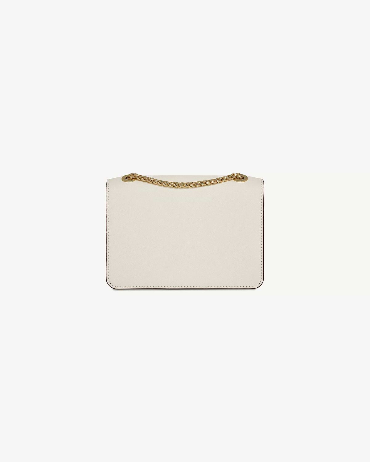 Vanilla east/west mini bag with gold chain strap across top.