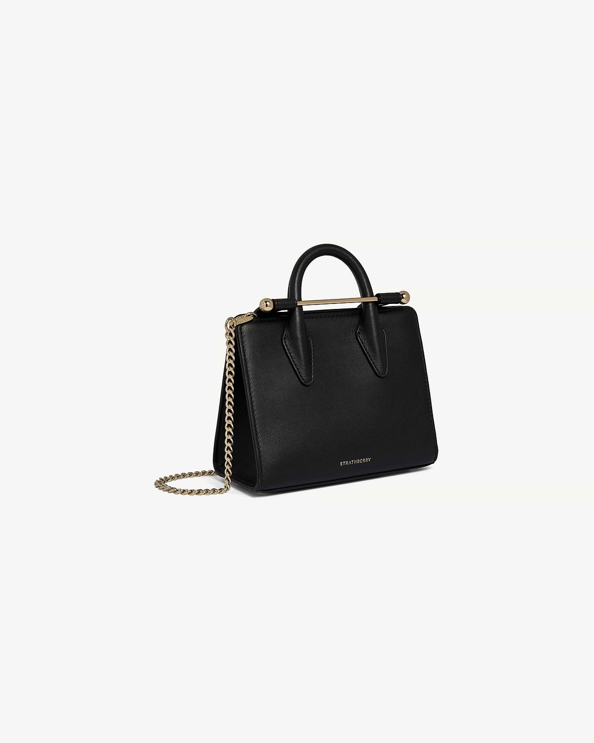 Black Strathberry Nano Tote with top handles, gold bar and chain strap.