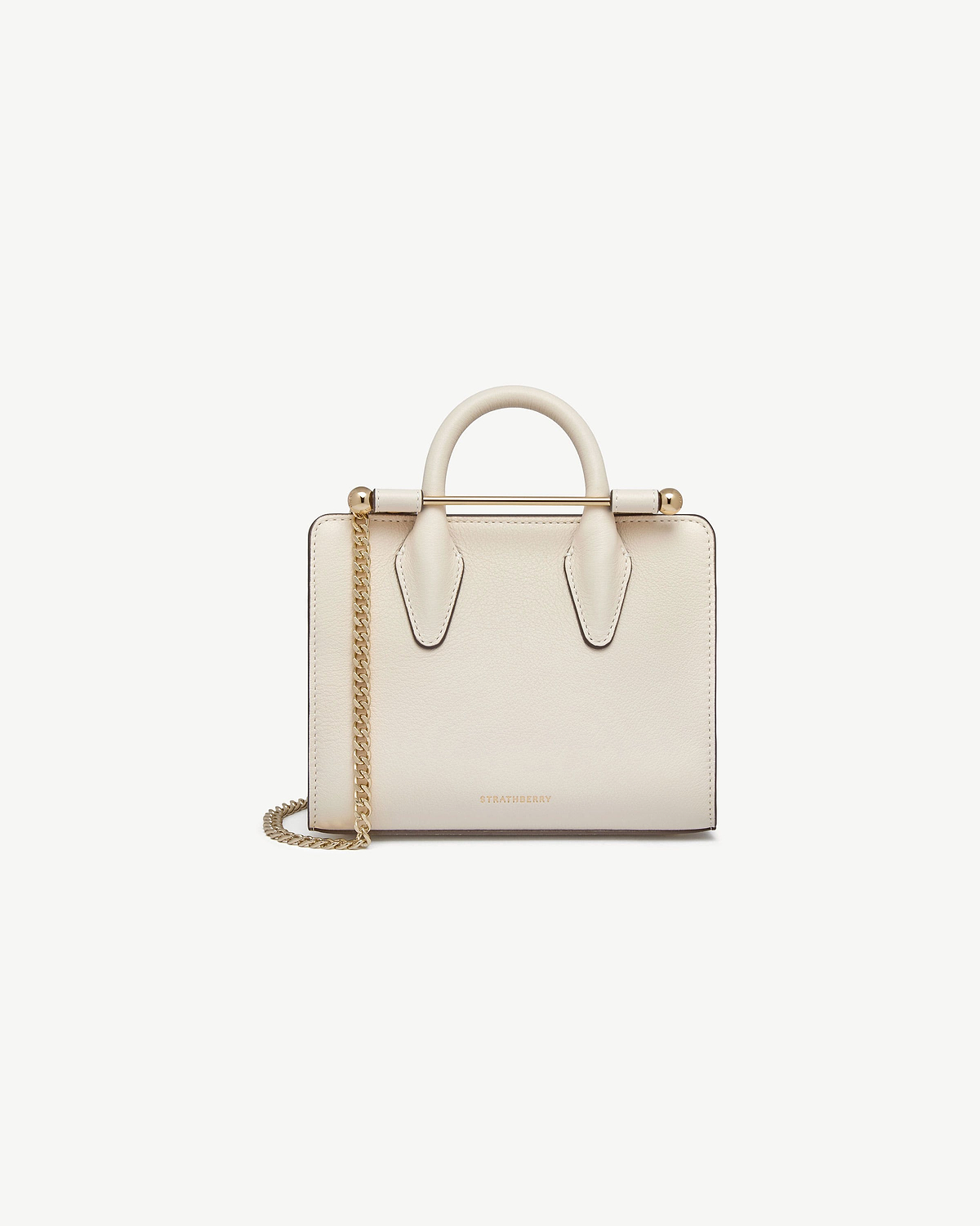 Vanilla leather nano tote with top handle, gold bar and chain strap, Strathberry