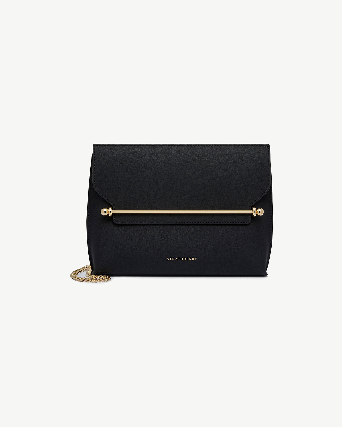 Black Strathberry Stylist bag with gold bar detail and chain strap.