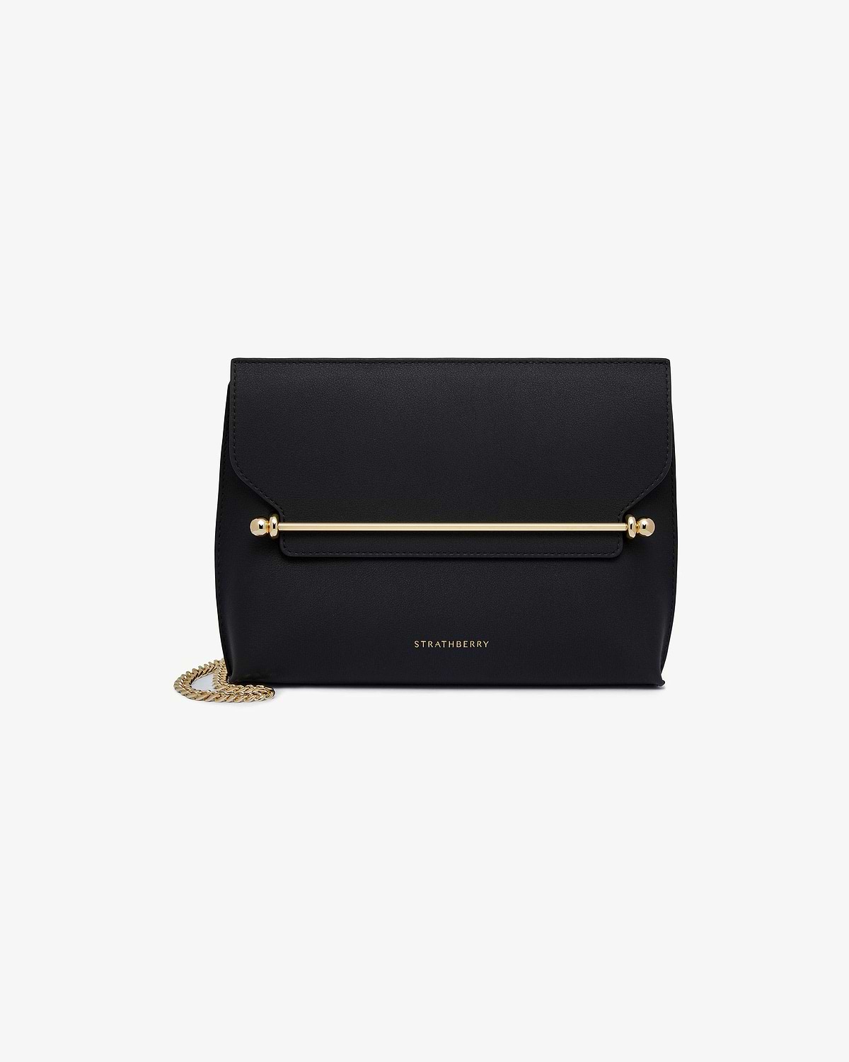 Black Strathberry Stylist bag with gold bar detail and chain strap.