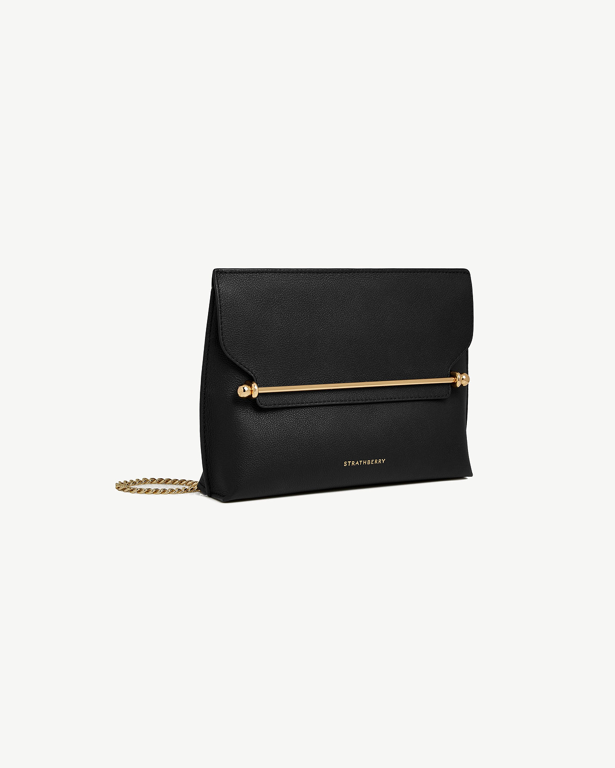 Black Strathberry Stylist leather bag with gold bar detail and chain strap.