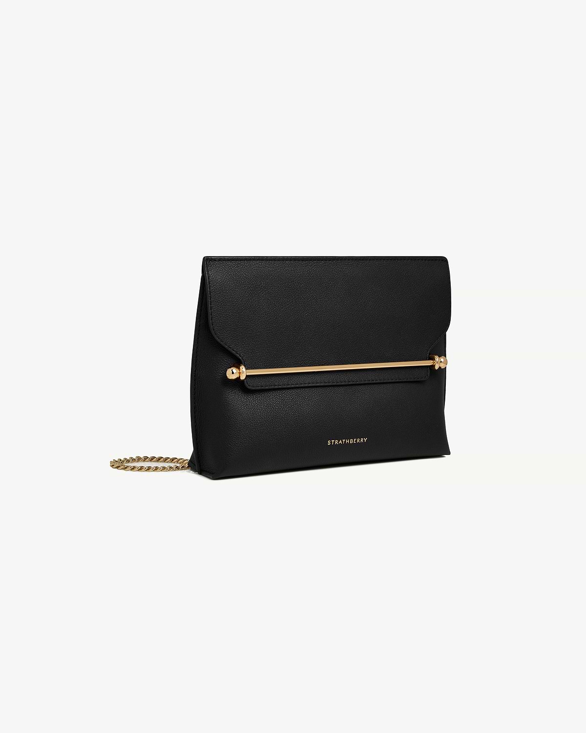 Black Strathberry Stylist leather bag with gold bar detail and chain strap.