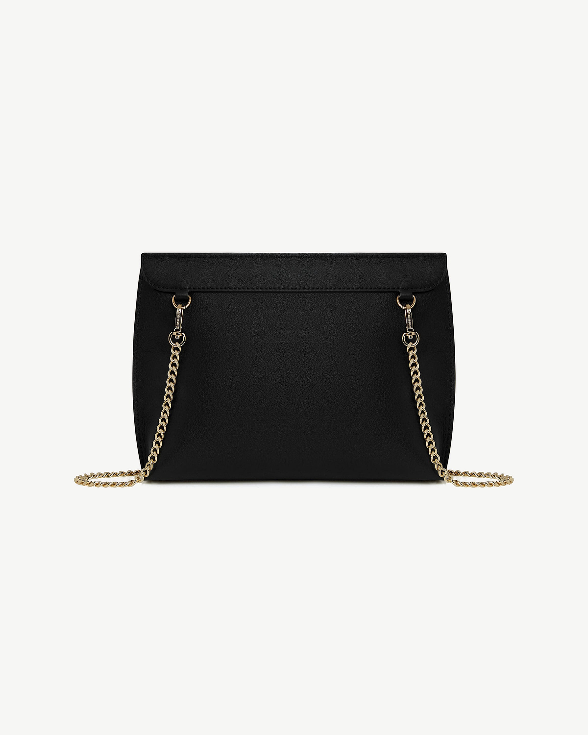 Black bag with gold chain shoulder strap and flap top.
