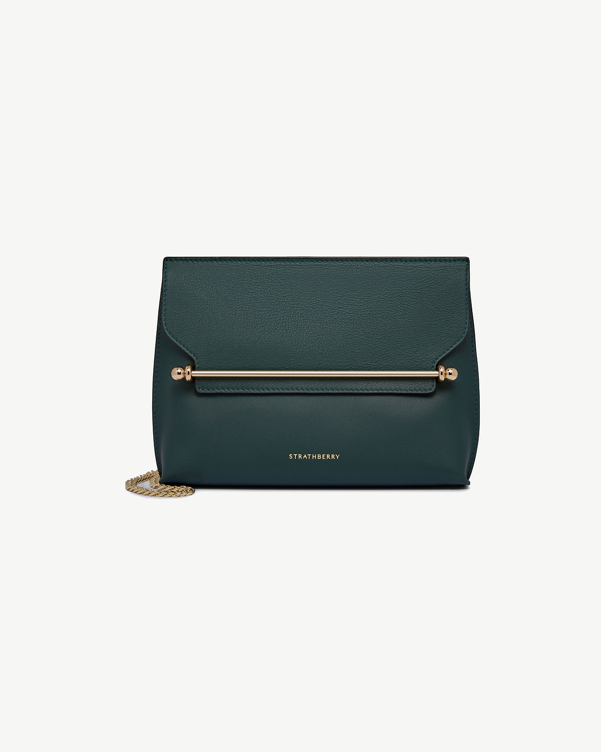 Bottle green Stylist bag by Strathberry with gold bar detail and chain strap.