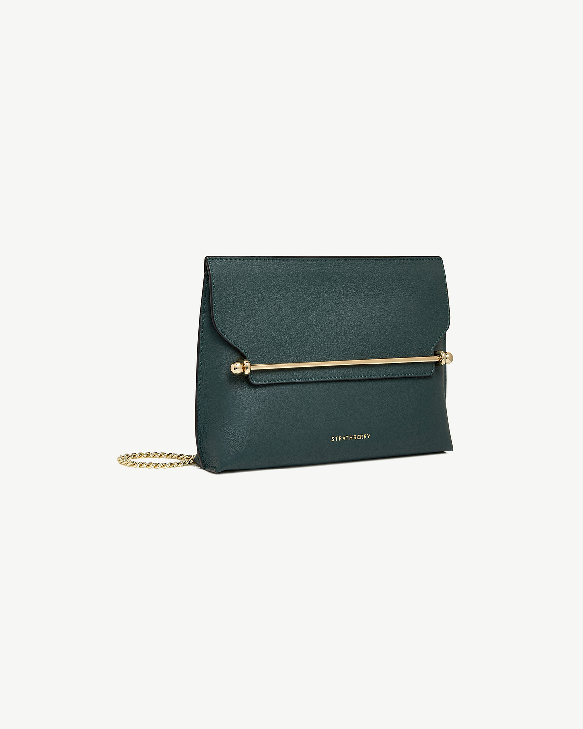 Strathberry bottle green Stylist bag with gold bar detail and chain strap.