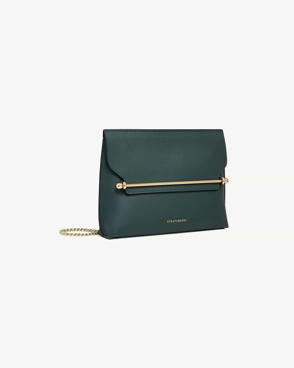 Strathberry bottle green Stylist bag with gold bar detail and chain strap.