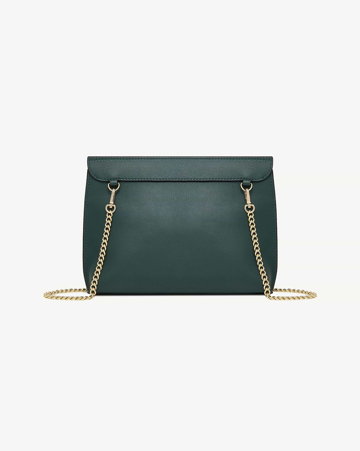 Bottle green leather bag with gold chain strap and visible front panel.