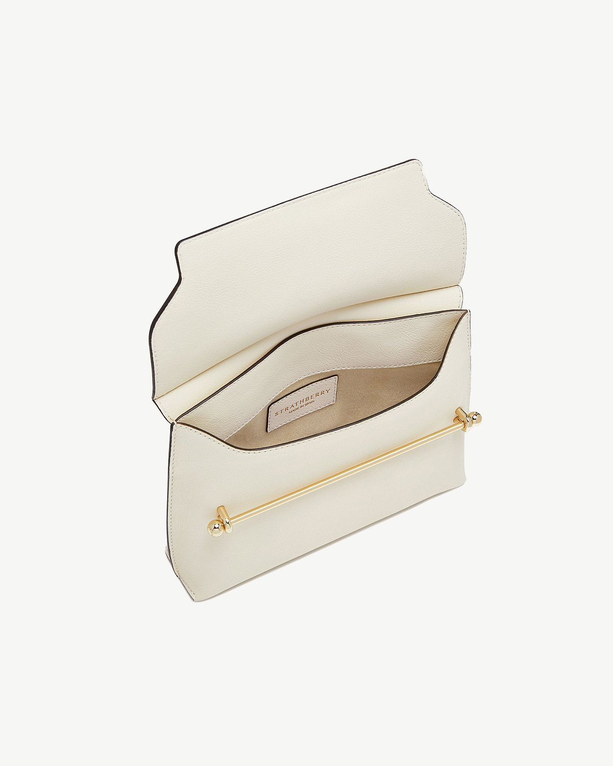 Vanilla leather Stylist bag open showing Strathberry label and gold bar