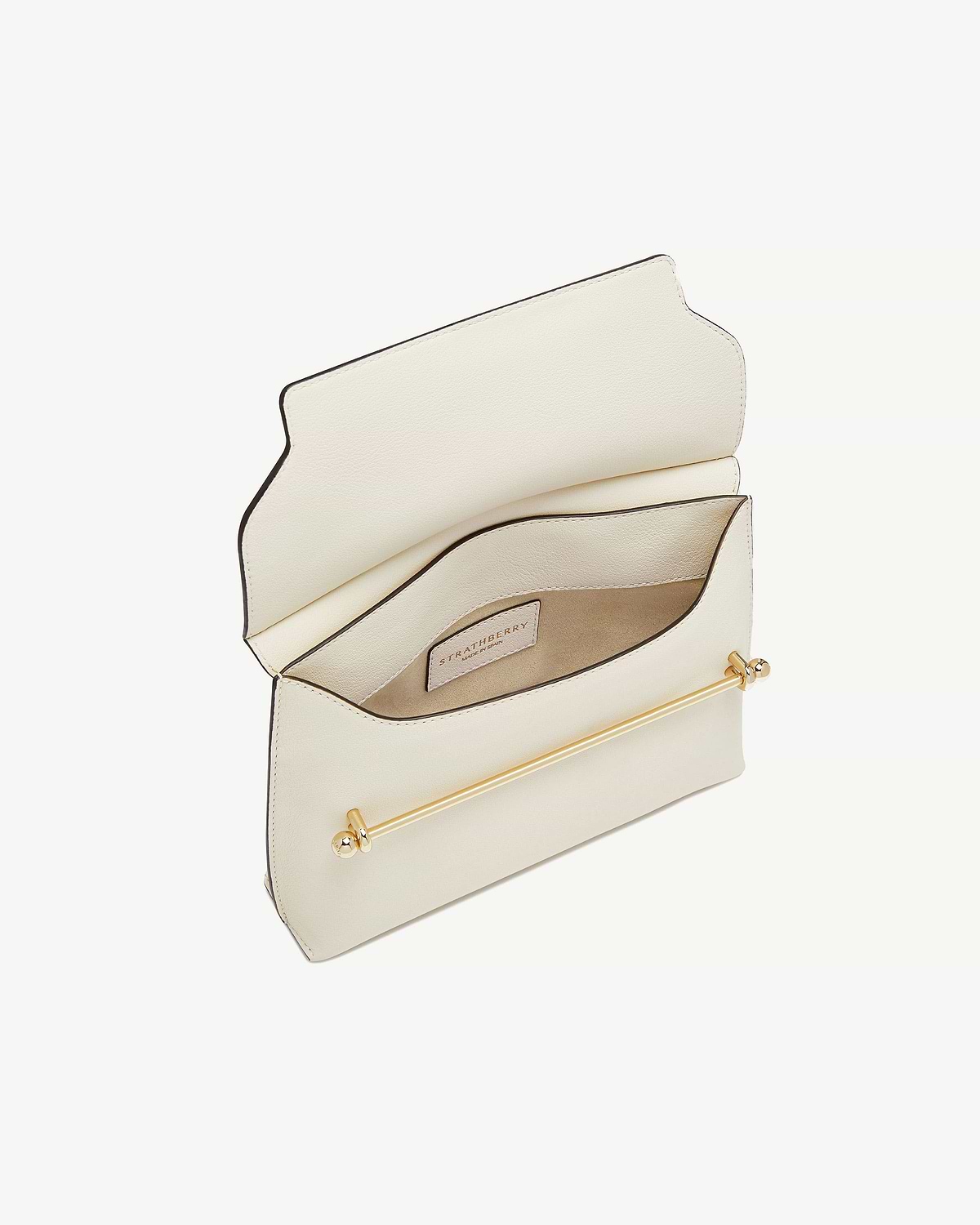 Vanilla leather Stylist bag open showing Strathberry label and gold bar