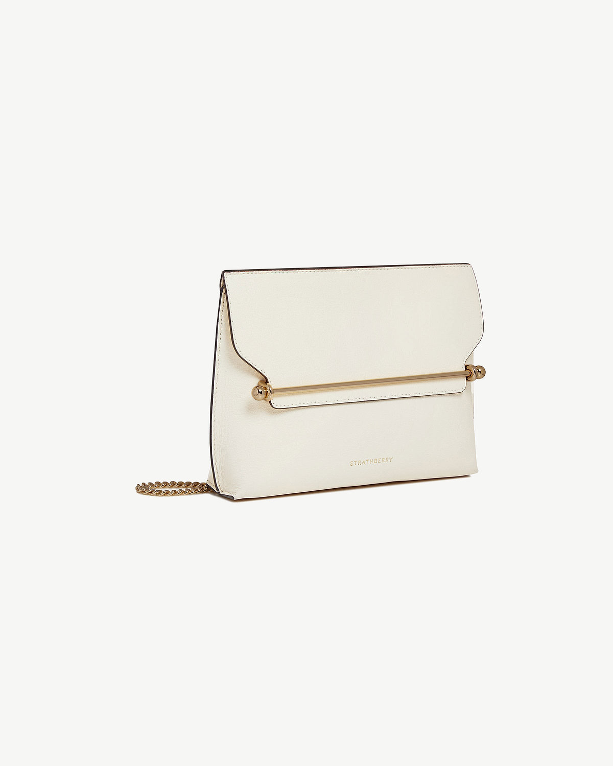 Vanilla Stylist bag with gold bar detail, chain strap and Strathberry logo.