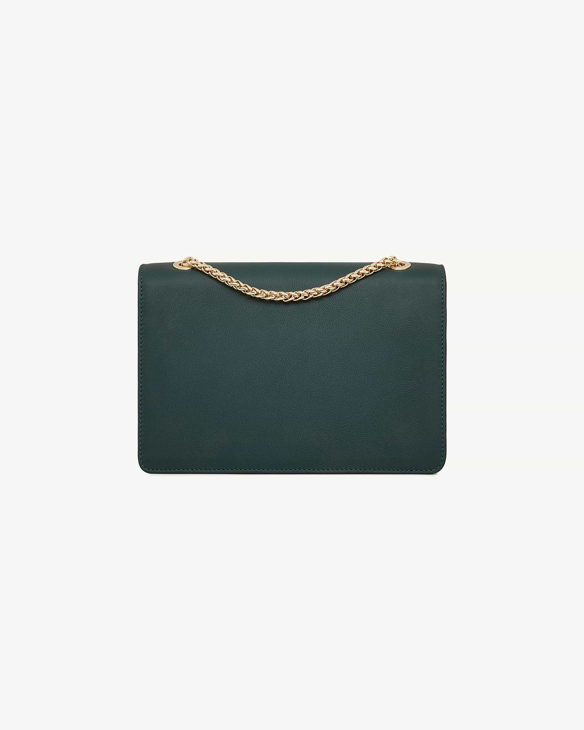 Bottle green east/west leather bag with a gold chain shoulder strap.