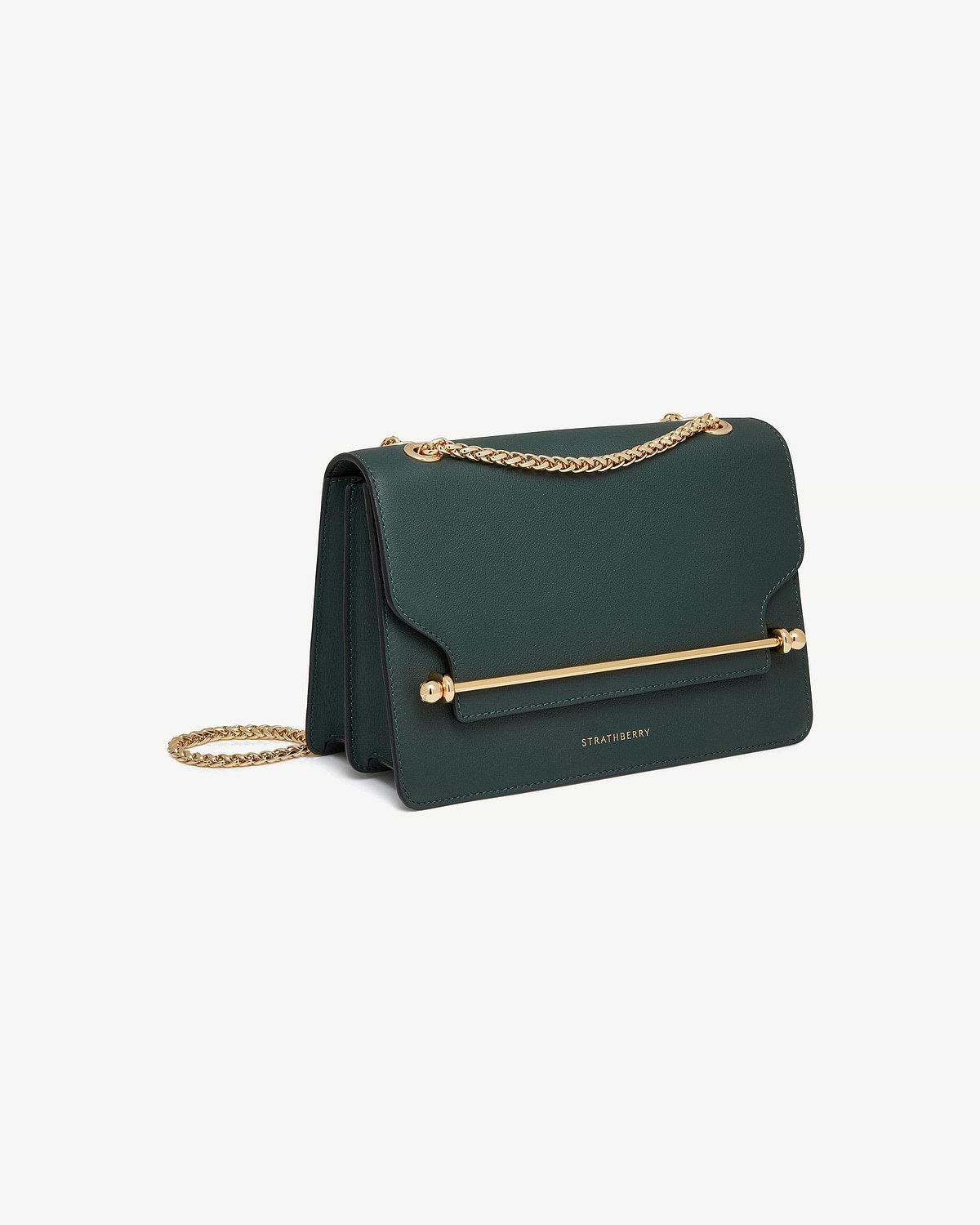 Bottle green East/West shoulder bag with gold bar detail and chain strap, Strathberry.