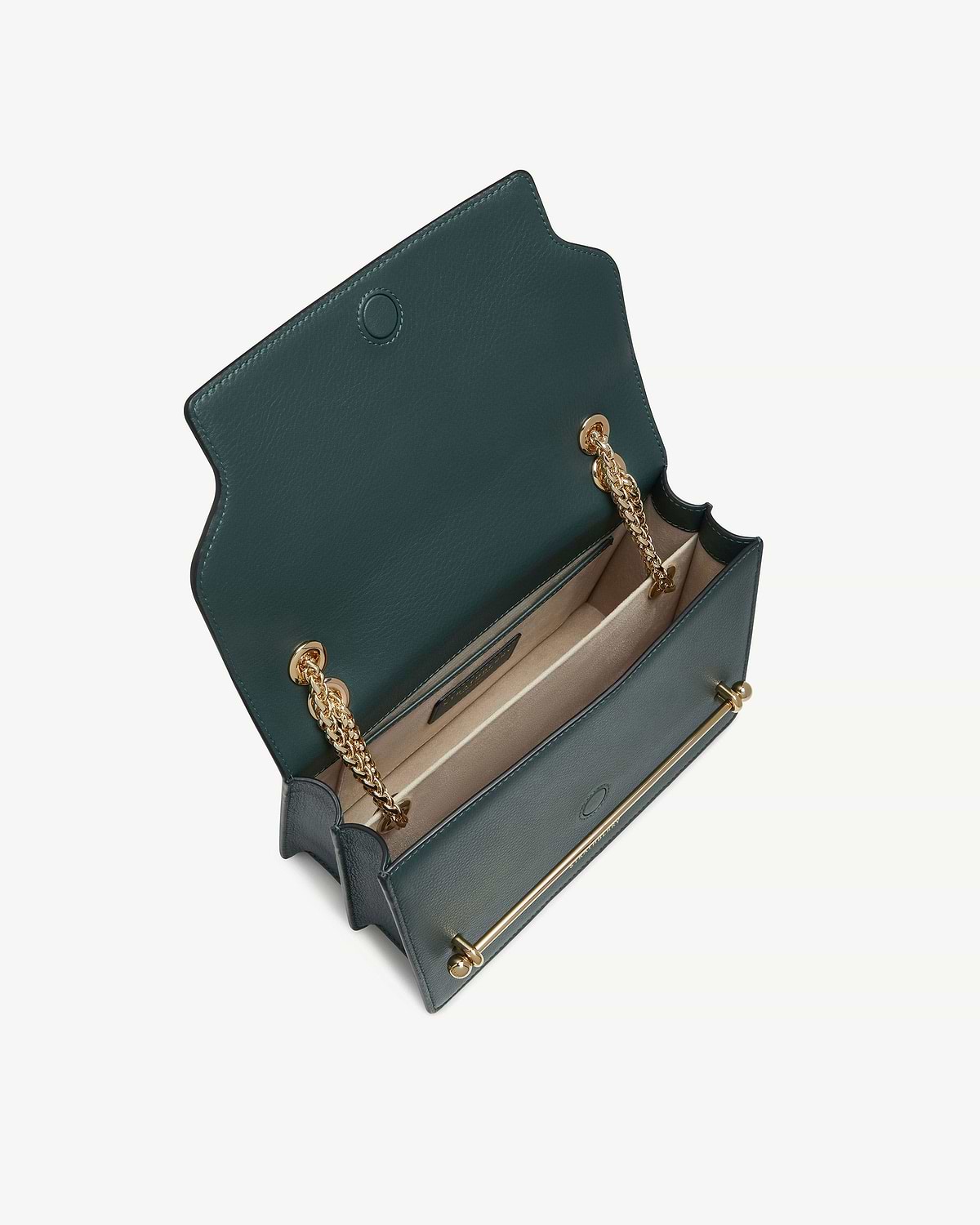 Bottle green east/west shoulder bag open, showing beige interior and gold chain.