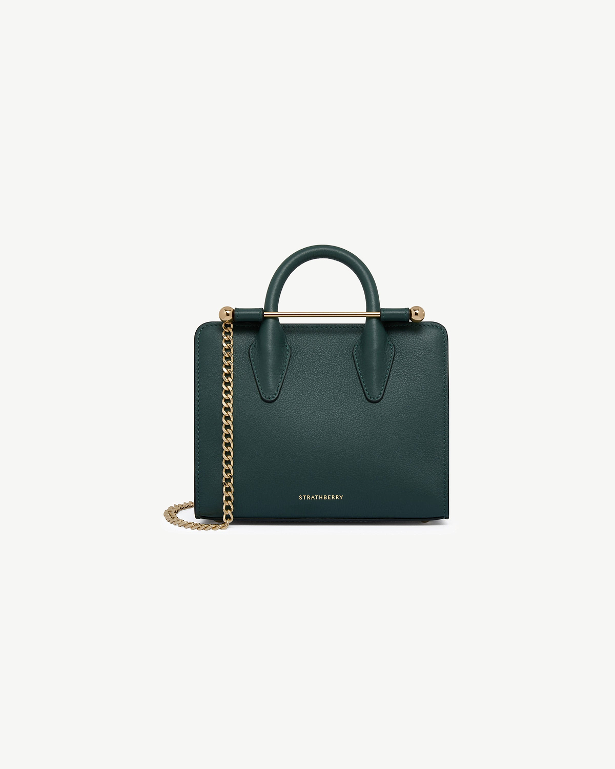Bottle green nano tote with gold top bar, chain strap and Strathberry logo.