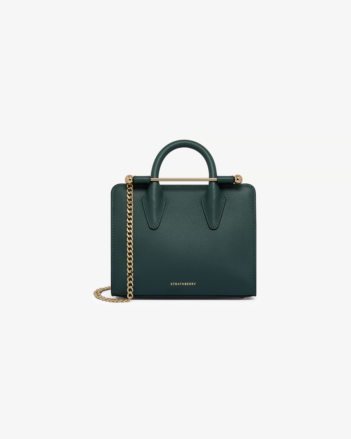 Bottle green nano tote with gold top bar, chain strap and Strathberry logo.