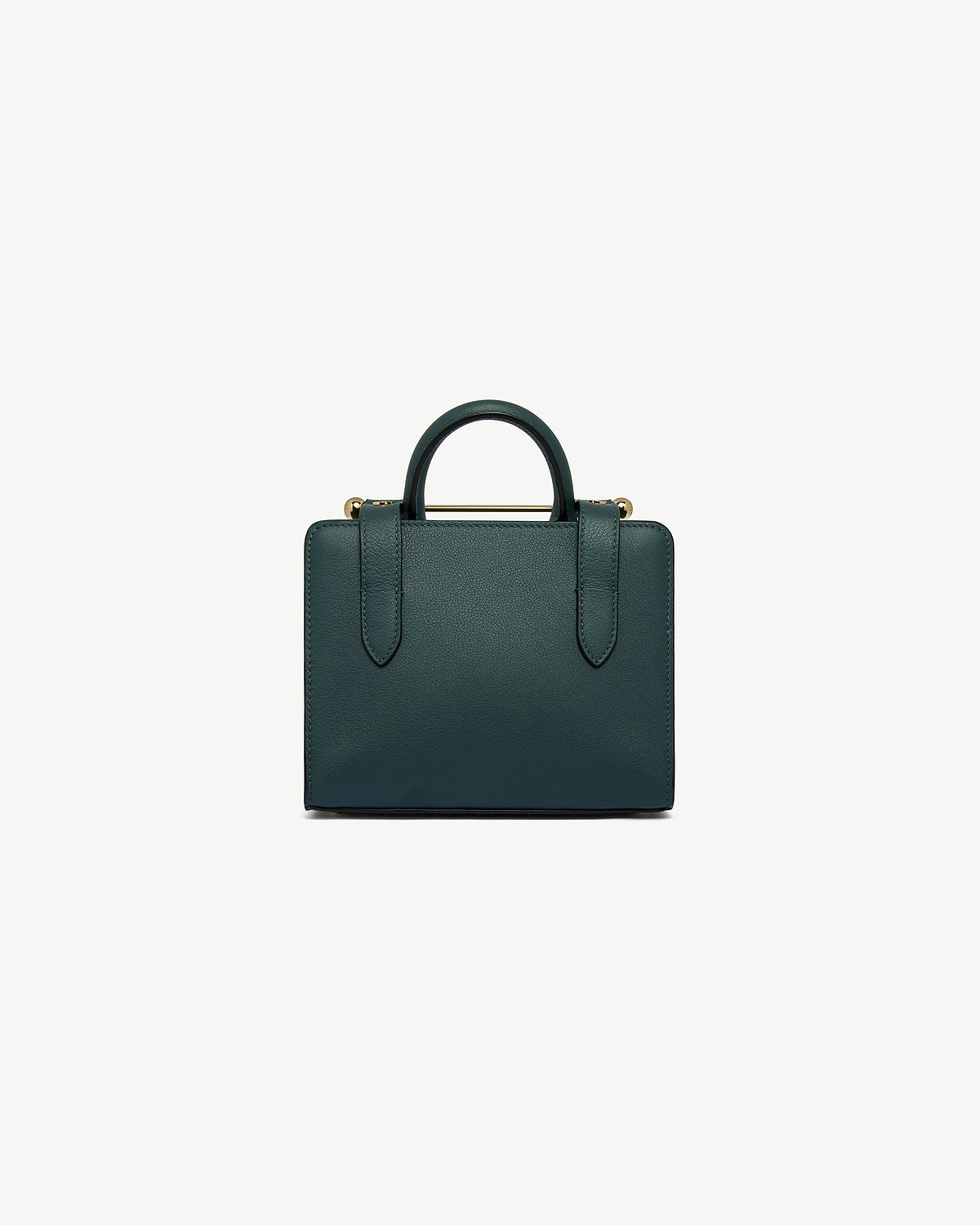 Bottle green nano tote with single top handle and gold bar detail.