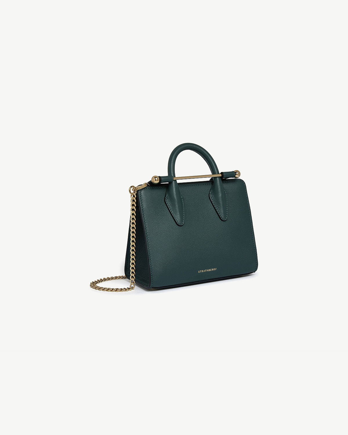 Bottle green Strathberry nano tote with top handles, gold bar and chain strap.