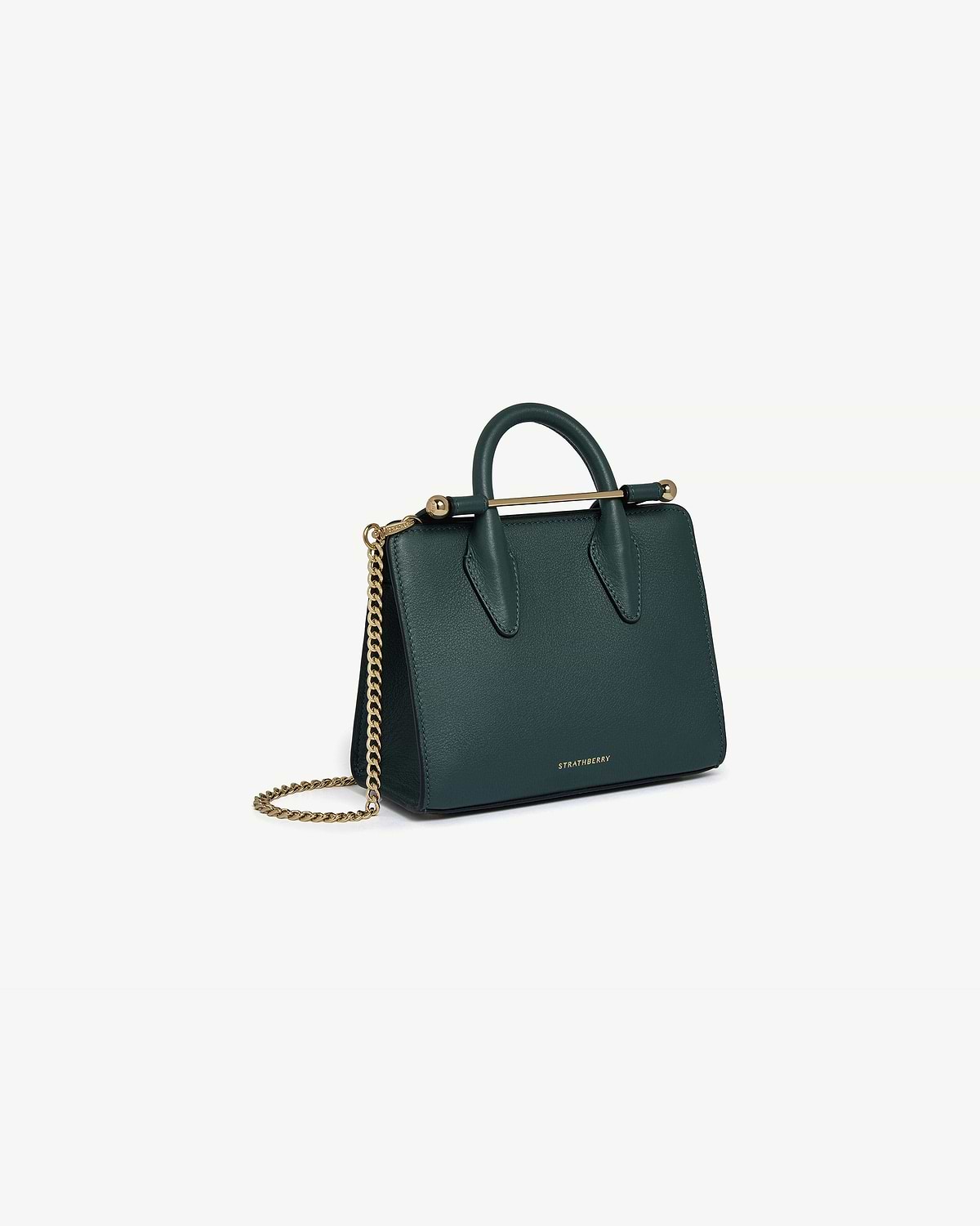 Bottle green Strathberry nano tote with top handles, gold bar and chain strap.