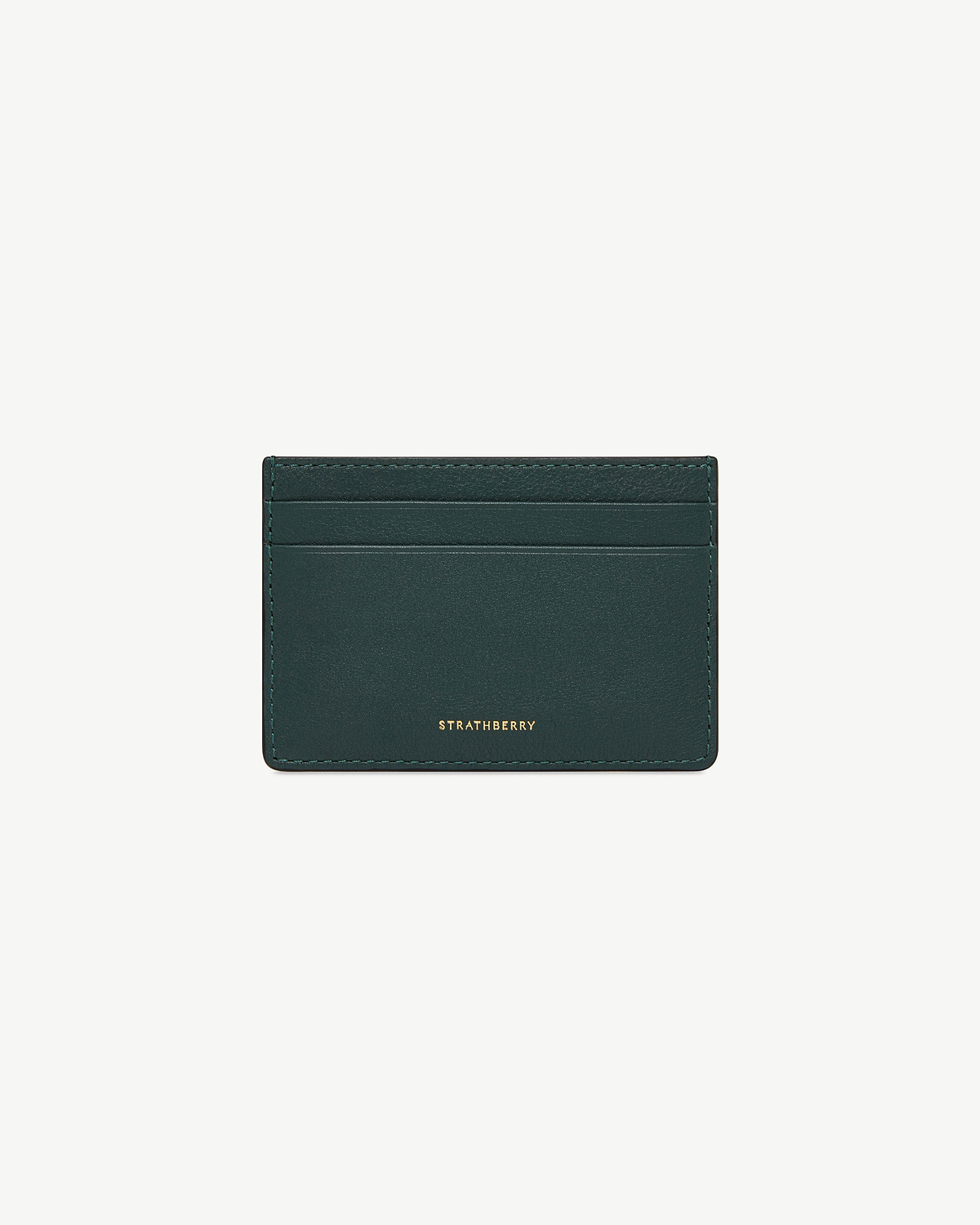 Bottle green leather cardholder with gold Strathberry logo and three card slots.