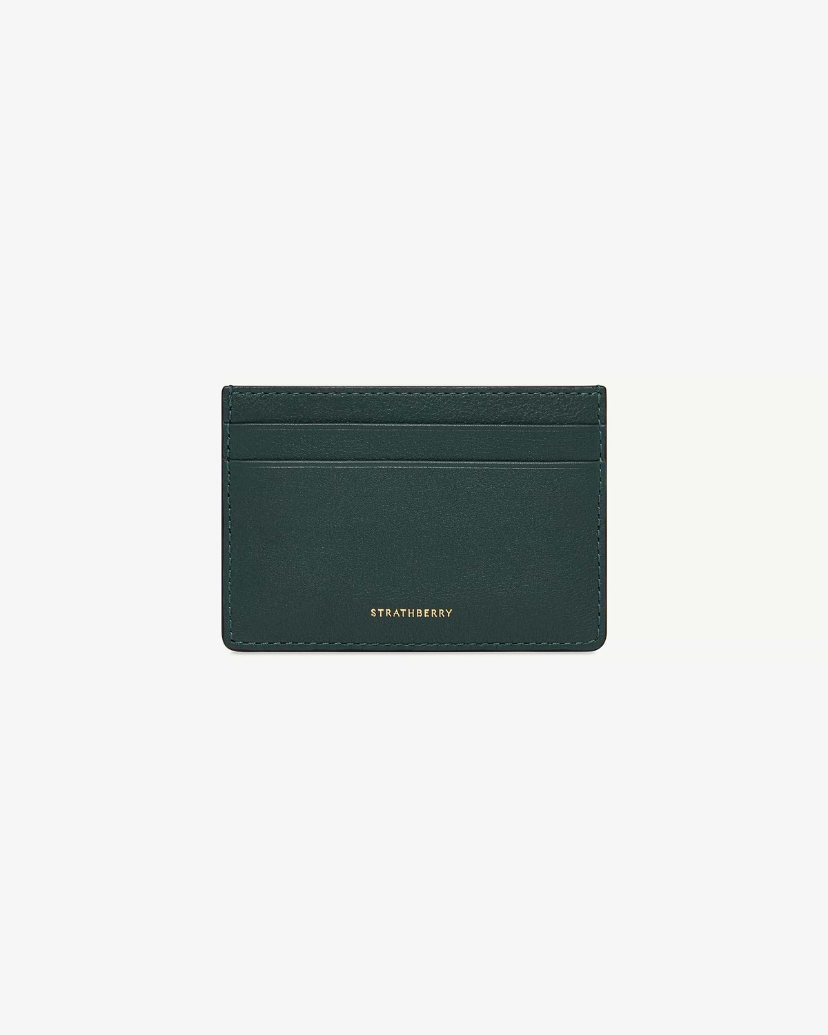 Bottle green leather cardholder with gold Strathberry logo and three card slots.