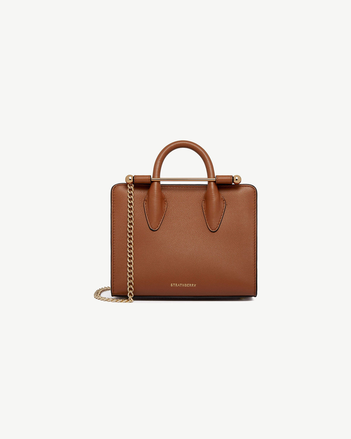 Chestnut Strathberry nano tote with rolled top handles and gold chain strap.