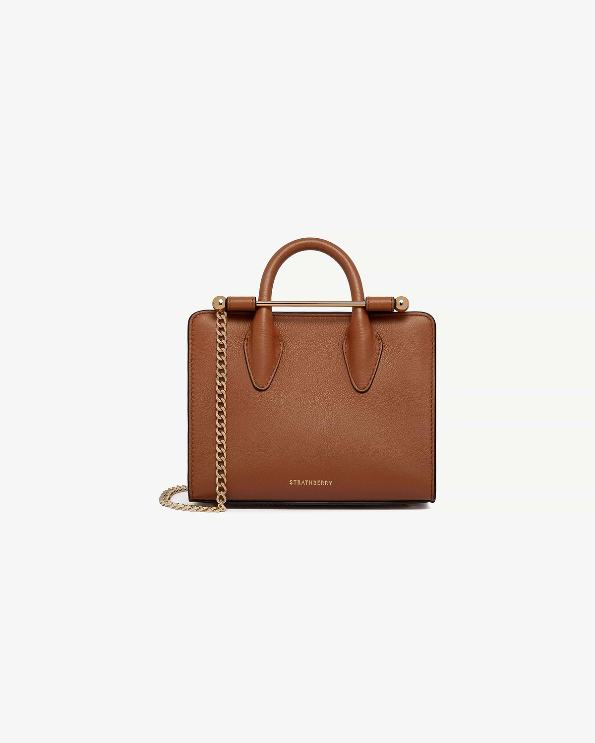 Chestnut Strathberry nano tote with rolled top handles and gold chain strap.