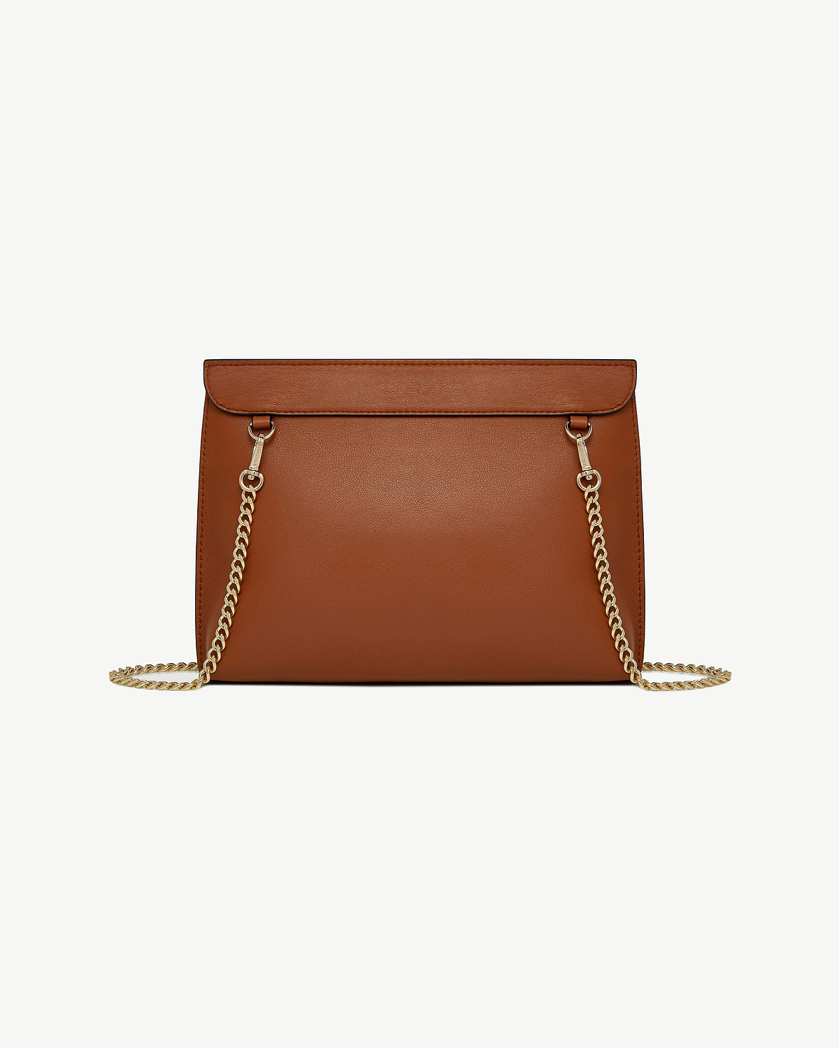 Chestnut leather shoulder bag with gold chain strap, flap top and textured finish.